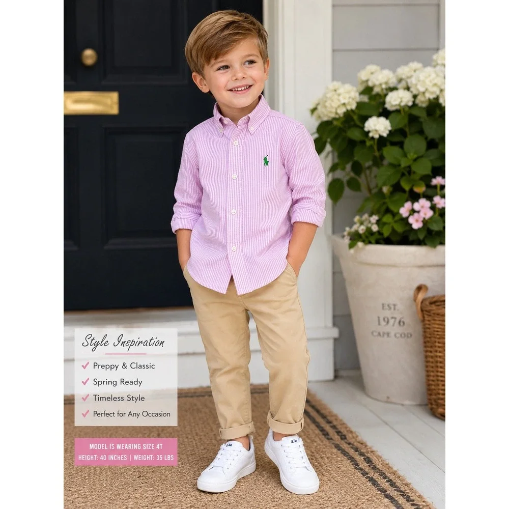 Polo Ralph Lauren Boys Size 4T Pink Stripe Button Down Shirt Coastal Preppy